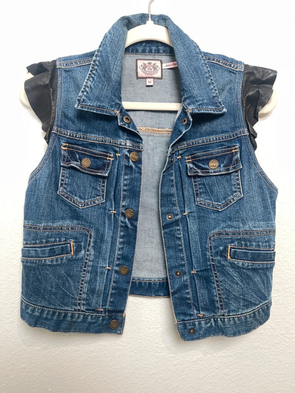 Juicy Couture Denim Vest Medium Faux Leather Ruffle Sleeve Jean Jacket Y2K